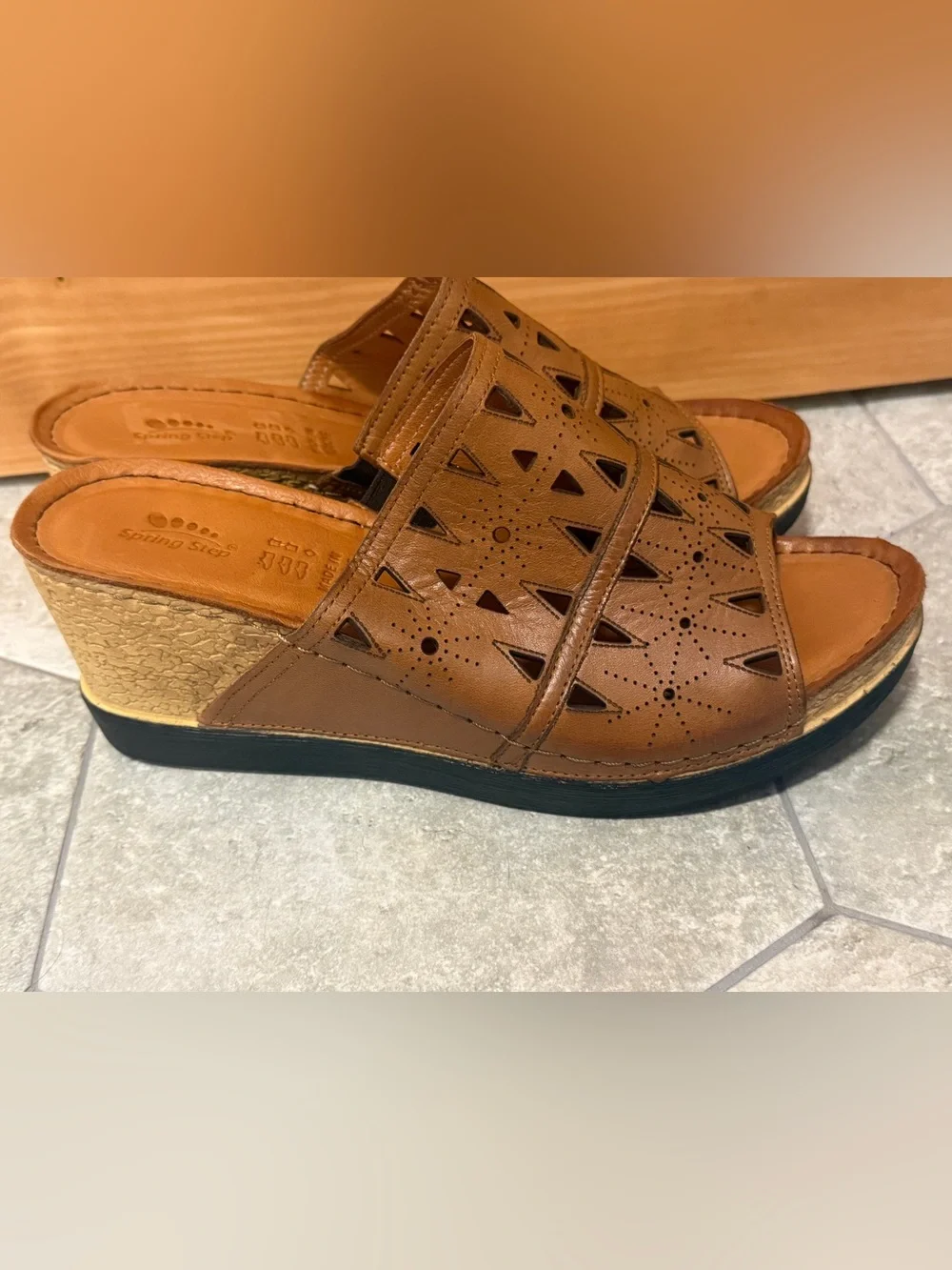 SpringStep NEW Fusawedge Brown Leather Cut Out Cork Sole Wedge Sandals 41/9.5-10
